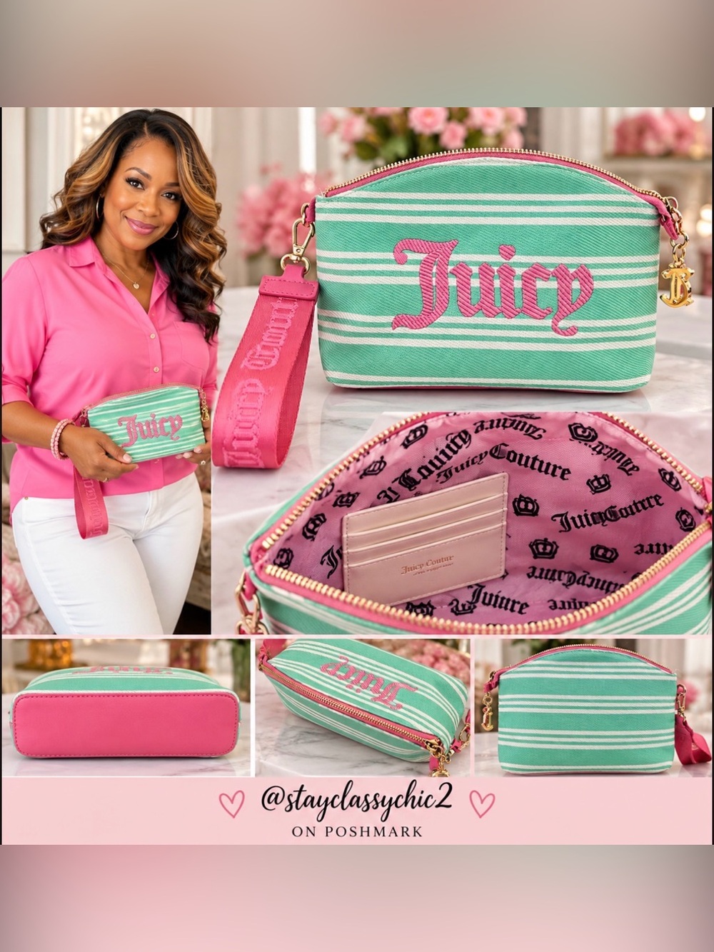 Juicy Couture Mint Green & Hot Pink Striped Wristlet Pouch